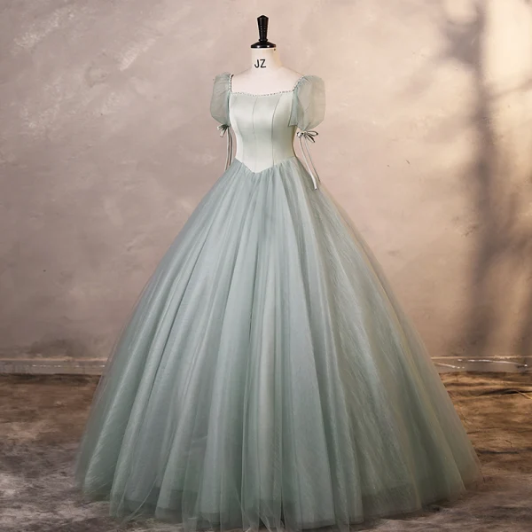 Elegante Salbeigrün Ballkleider 2023 Ballkleid Eckiger Ausschnitt Geschwollenes Kurze Ärmel Rückenfreies Lange Ball Festliche Kleider