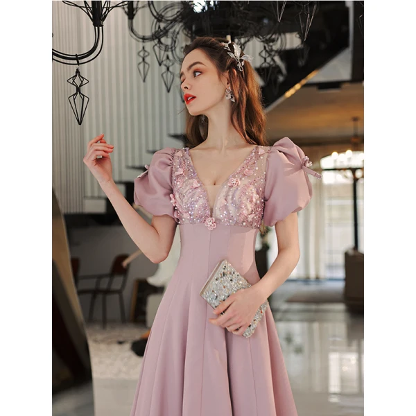 Elegant Blushing Pink Prom Dresses 2022 A-Line / Princess V-Neck Beading Pearl Sequins Puffy Short Sleeve Backless Floor-Length / Long Prom Formal Dresses