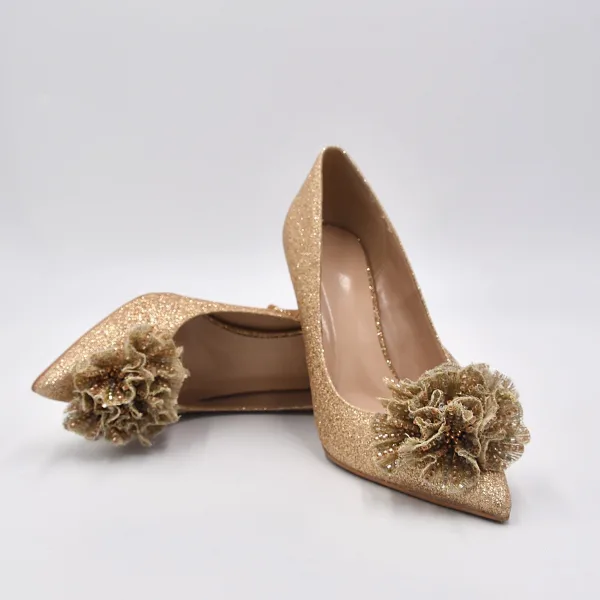 Sparkly Gold Beading Flower Sequins Wedding Shoes 2022 Leather 10 cm Stiletto Heels Pointed Toe Wedding Pumps High Heels