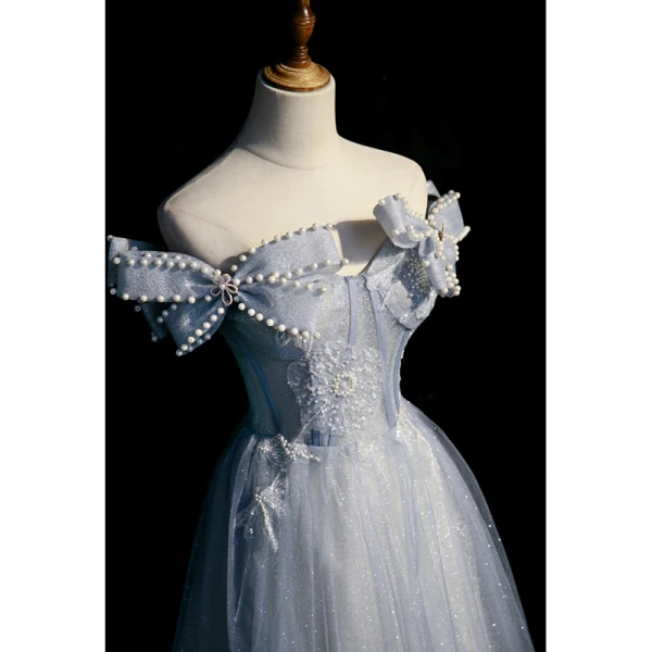 Charmant Bleu Ciel Glitter Paillettes Robe De Soirée 2023 Princesse Bustier Perle Noeud Sans Manches Dos Nu Longue Robe De Ceremonie