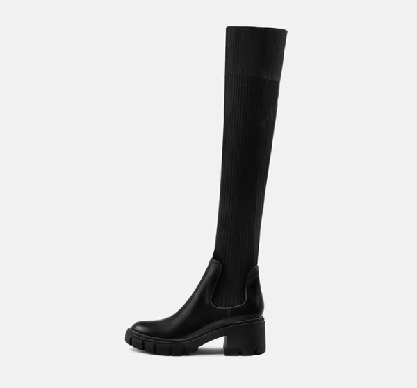 Fashion Beige Street Wear Winter Knitting Womens Boots 2023 6 cm Thick Heels Round Toe Boots