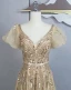 Charming Champagne Beading Sequins Prom Dresses 2024 A-Line / Princess V-Neck Short Sleeve Backless Bow Sash Floor-Length / Long Prom Formal Dresses
