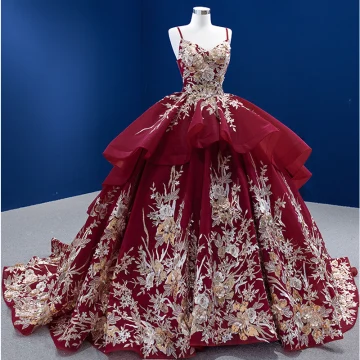 High End Vintage Burgundy Paljetter Spets Blomma Balklänningar 2022 Balklänning Cascading Volanger Spaghettiband Ärmlös Halterneck Chapel Train Bal
