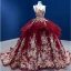 High-end Vintage / Retro Burgundy Sequins Lace Flower Prom Dresses 2022 Ball Gown Cascading Ruffles Spaghetti Straps Sleeveless Backless Chapel Train Prom