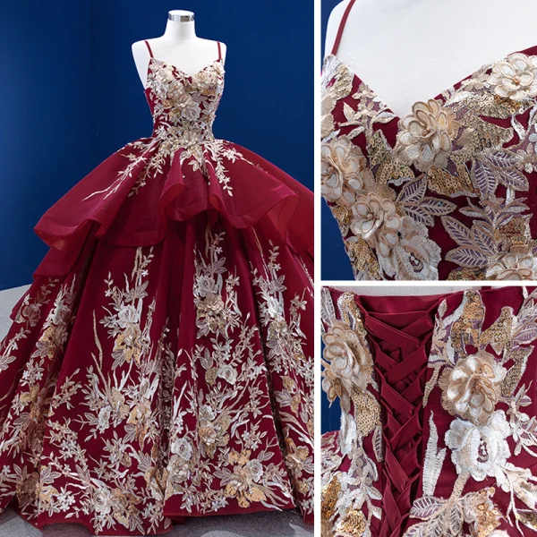 High-end Vintage / Retro Burgundy Sequins Lace Flower Prom Dresses 2022 Ball Gown Cascading Ruffles Spaghetti Straps Sleeveless Backless Chapel Train Prom