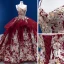 High-end Vintage / Retro Burgundy Sequins Lace Flower Prom Dresses 2022 Ball Gown Cascading Ruffles Spaghetti Straps Sleeveless Backless Chapel Train Prom