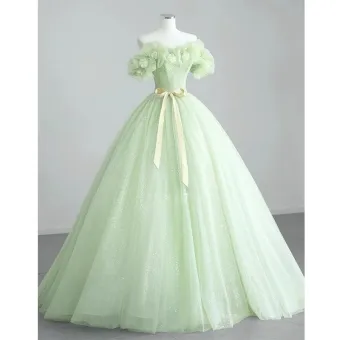 Élégant Vert Cendré Paillettes Appliques Robe De Bal 2023 Robe Boule De L Épaule Sans Manches Dos Nu Noeud Ceinture Longue Robe De Ceremonie
