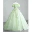 Elegant Sage Green Sequins Appliques Prom Dresses 2023 Ball Gown Off-The-Shoulder Sleeveless Backless Bow Sash Floor-Length / Long Formal Dresses