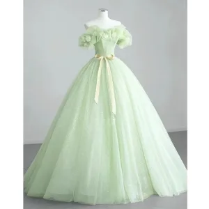 Elegantes Verde Salvia Lentejuelas Apliques Vestidos De Gala 2023 Ball Gown Fuera Del Hombro Sin Mangas Sin Espalda Bowknot Cinturón Largos Vestidos Formales