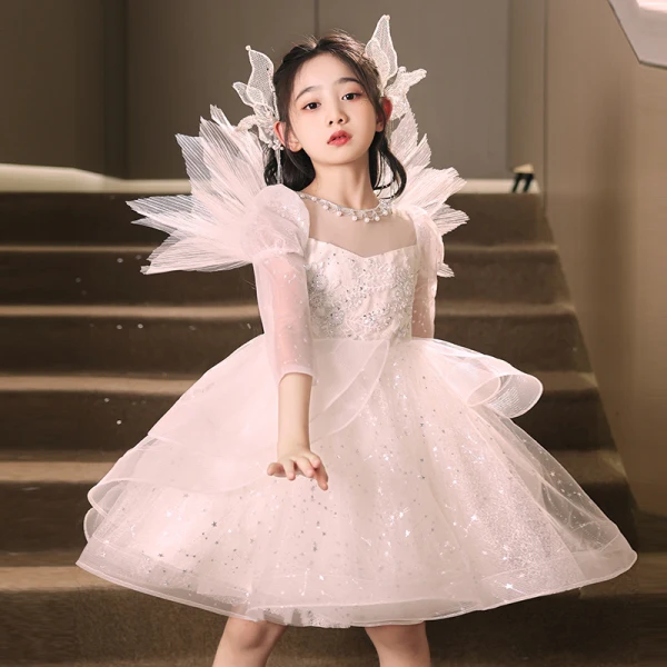 Bling Bling Grey Beading Sequins Lace Flower Short Flower Girl Dresses 2024 Ball Gown Birthday Strapless Sleeveless Tulle