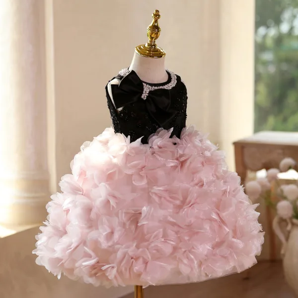 Lovely Blushing Pink Pearl Sequins Appliques Birthday Short Flower Girl Dresses 2025 Ball Gown Scoop Neck Bow Sleeveless Backless
