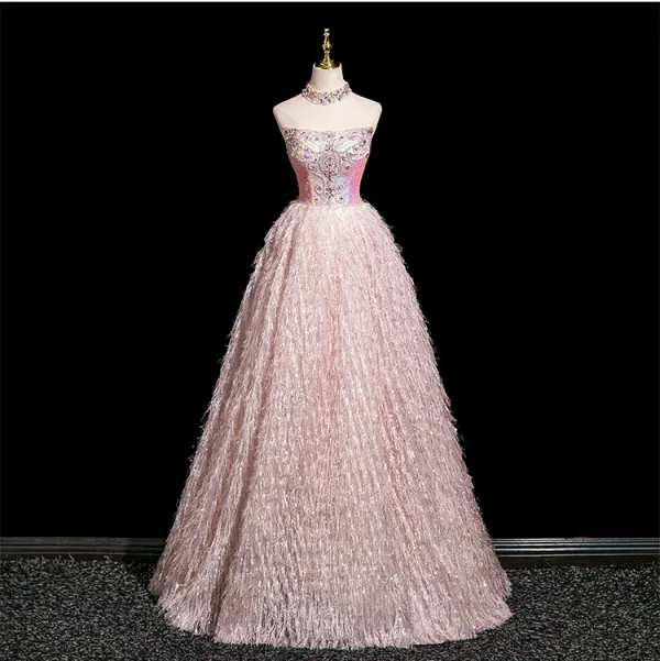 Charmant Rougissant Rose Perlage Faux Diamant Paillettes Gland Robe De Bal 2025 Princesse De l'épaule Sans Manches Dos Nu Longue Promo Robe De Ceremonie