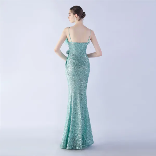 Charmant Bleu Marine Paillettes Fendue devant Robe De Soirée 2024 Trompette / Sirène Bretelles Spaghetti Gland Sans Manches Dos Nu Longue Soirée Robe De Ceremonie