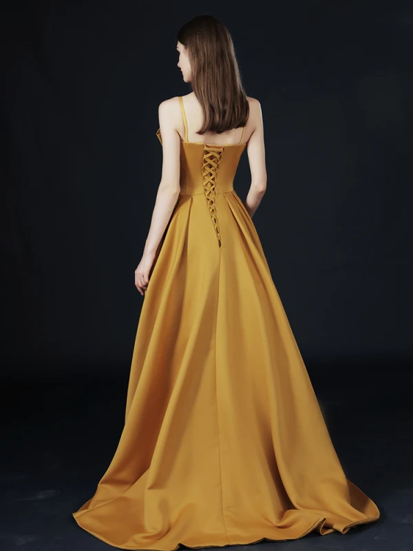 Vintage Gul Sløjfe Gallakjoler 2021 Prinsesse Krydsede Remme Solid Farve Satin Spaghetti Straps Ærmeløs Forlovelses Kjoler Feje tog