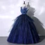 Charmant Marineblau Glanz Fallende Rüsche Ballkleider 2023 Ballkleid Spaghettiträger Ärmellos Rückenfreies Lange Ball Festliche Kleider