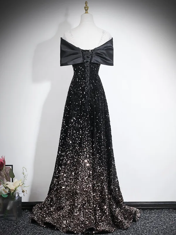 Sparkly Black Gold Sequins Evening Dresses 2026 A-Line / Princess Off-The-Shoulder Short Sleeve Backless
