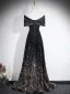 Sparkly Black Gold Sequins Evening Dresses 2026 A-Line / Princess Off-The-Shoulder Short Sleeve Backless