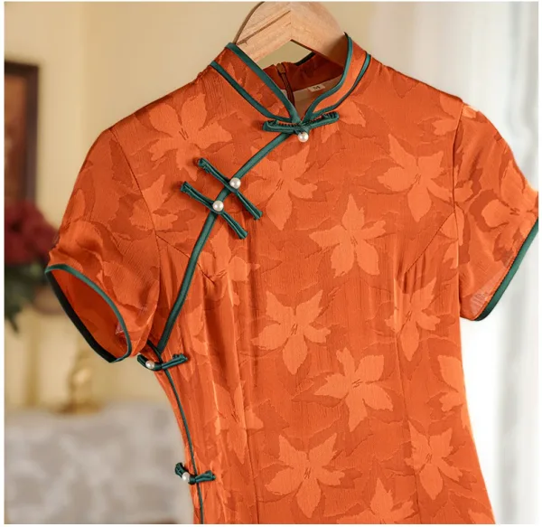 Vintage Chiński Styl Pomarańczowy Druk Długość Herbaty Podział Przodu Cheongsam 2024 Syrena / Rozkloszowane Wysokiej Szyi Kótkie Rękawy