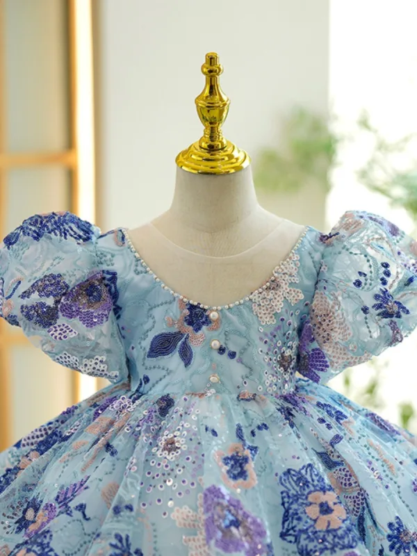 Chic / Beautiful Sky Blue Beading Pearl Sequins Short Birthday Flower Girl Dresses 2023 Ball Gown Scoop Neck Puffy Short Sleeve