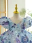 Chic / Beautiful Sky Blue Beading Pearl Sequins Short Birthday Flower Girl Dresses 2023 Ball Gown Scoop Neck Puffy Short Sleeve