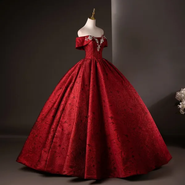 Vintage / Retro Burgundy Rhinestone Prom Dresses 2025 Ball Gown Off-The-Shoulder Short Sleeve Backless Floor-Length / Long Formal Dresses