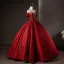 Vintage / Retro Burgundy Rhinestone Prom Dresses 2025 Ball Gown Off-The-Shoulder Short Sleeve Backless Floor-Length / Long Formal Dresses