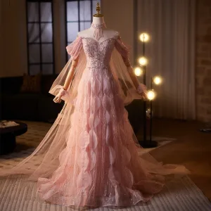 Luksus Rødmende Rosa Håndlaget Beading Paljetter Rhinestone Ballkjoler 2025 Prinsesse Av Skulderen Korte Ermer Feie Tog Ball Formelle Kjoler
