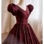 Vintage / Retro Burgundy Printing Prom Dresses 2023 Ball Gown V-Neck Puffy Short Sleeve Backless Floor-Length / Long Prom Formal Dresses
