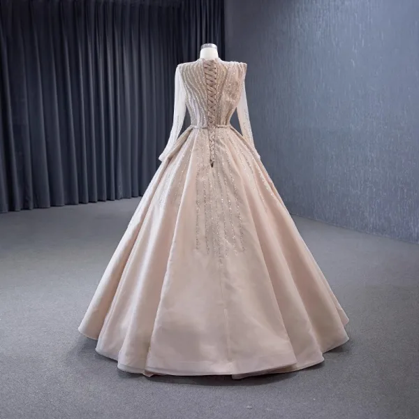 High-end Champagne Handmade Beading Sequins Prom Dresses 2023 Ball Gown High Neck Long Sleeve Floor-Length / Long Formal Dresses