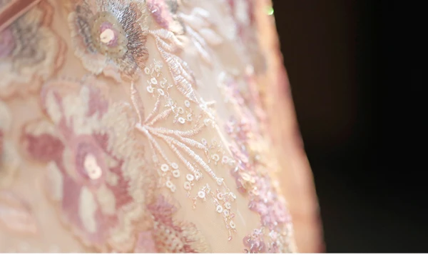 Chic / Beautiful Blushing Pink Lace Flower Sequins Evening Party Cheongsam 2024 Trumpet / Mermaid High Neck Short Sleeve Tea-length