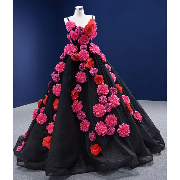 Fantaisie Appliques Noire Robe De Bal 2022 Robe Boule Bretelles Spaghetti Sans Manches Dos Nu Train De Balayage Robe De Ceremonie