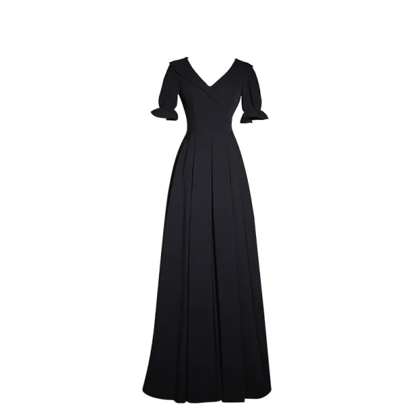 Chic / Belle Noire Robe De Soirée 2023 Princesse V-Cou Manches Courtes Longue Soirée Robe De Ceremonie