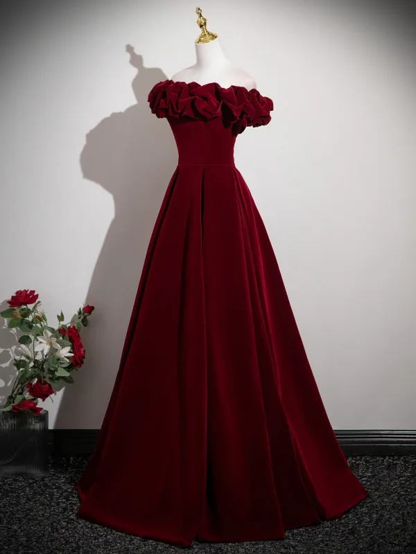 Vintage / Retro Burgundy Velvet Prom Dresses 2025 Ball Gown Ruffle Off-The-Shoulder Short Sleeve Backless Floor-Length / Long Formal Dresses