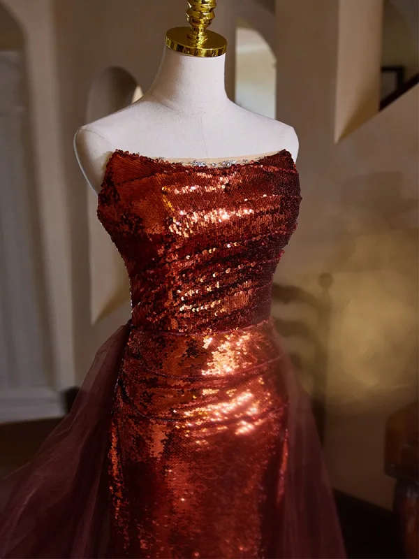 Scintillantes Bordeaux Paillettes Trompette / Sirène Robe De Soirée 2024 Bustier Sans Manches Dos Nu Train De Balayage Soirée Robe De Ceremonie