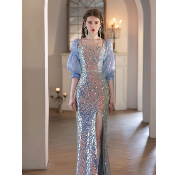Scintillantes Bleu Ciel Paillettes Robe De Soirée 2023 Trompette / Sirène Bretelles Spaghetti 3/4 Manches Dos Nu Fendue devant Longue Soirée Robe De Ceremonie