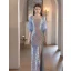 Scintillantes Bleu Ciel Paillettes Robe De Soirée 2023 Trompette / Sirène Bretelles Spaghetti 3/4 Manches Dos Nu Fendue devant Longue Soirée Robe De Ceremonie