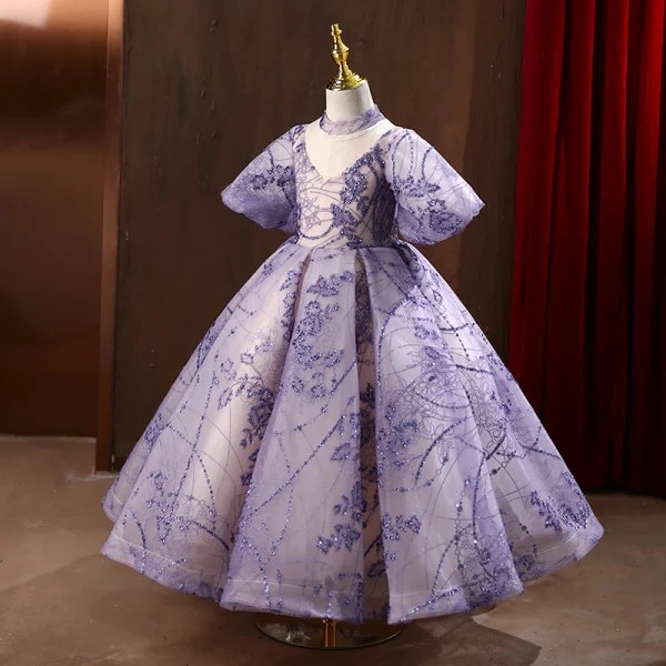Elegant Lavender Glitter Sequins Flower Girl Dresses 2022 Ball Gown High Neck Bell sleeves Backless Prom Floor-Length / Long Flower Girl Dresses