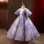 Elegant Lavender Glitter Sequins Flower Girl Dresses 2022 Ball Gown High Neck Bell sleeves Backless Prom Floor-Length / Long Flower Girl Dresses