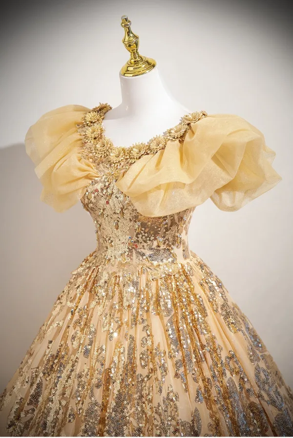 Scintillantes Champagne Perlage Paillettes En Dentelle Fleur Robe De Bal 2025 Robe Boule Encolure Dégagée Sans Manches Dos Nu Longue Promo Robe De Ceremonie
