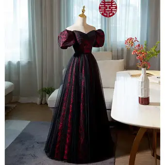 Elegant Burgundy Printing Prom Dresses 2022 A Line Princess Off The Shoulder Puffy Short Sleeve Backless Floor Length Long Prom Formal Dresses