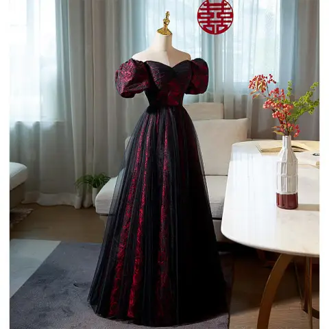 Elegantes Borgoña Impresión Vestidos de gala 2022 A-Line / Princess Fuera Del Hombro Hinchado Manga Corta Sin Espalda Largos Gala Vestidos Formales