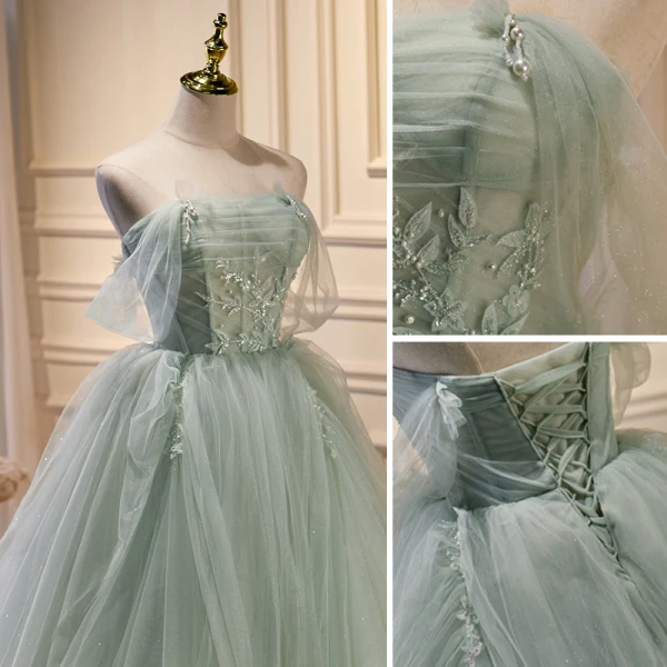 Charmant Salbeigrün Perlenstickerei Perle Pailletten Ballkleider 2023 Ballkleid Bandeau Ärmellos Rückenfreies Sweep / Pinsel Zug Ball Festliche Kleider