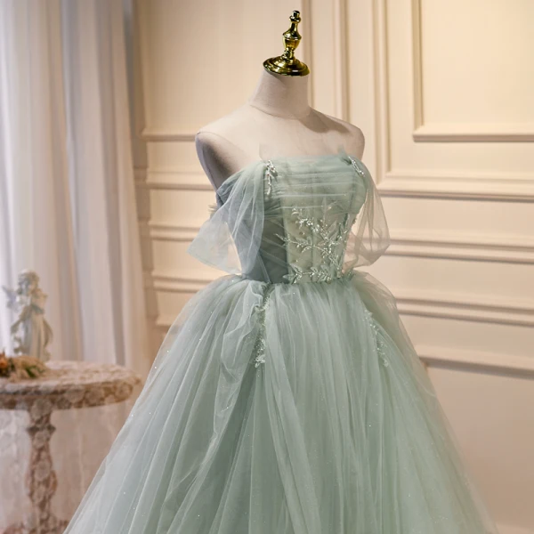 Charmant Salbeigrün Perlenstickerei Perle Pailletten Ballkleider 2023 Ballkleid Bandeau Ärmellos Rückenfreies Sweep / Pinsel Zug Ball Festliche Kleider