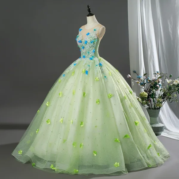 Fée Des Fleurs Vert Cendré Appliques Perlage Robe De Bal 2026 Robe Boule Encolure Dégagée Sans Manches Dos Nu Longue Robe De Ceremonie