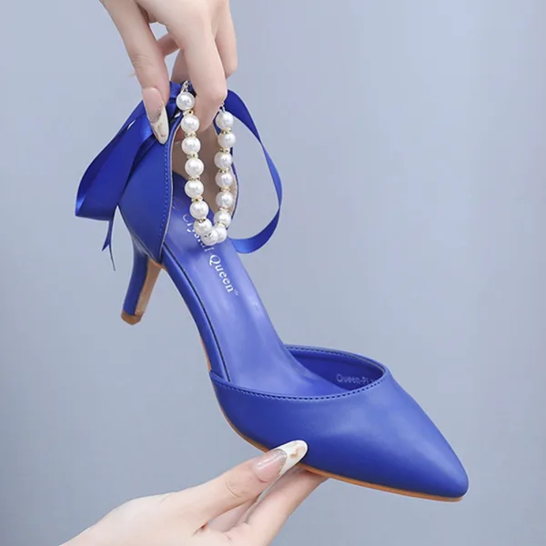 Chic / Beautiful Sky Blue Pearl Ankle Strap Bow Prom Womens Shoes 2024 7 cm Stiletto Heels Pointed Toe High Heels