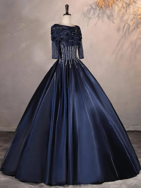 Vintage / Originale Bleu Marine Perlage Paillettes Robe De Bal 2025 Robe Boule De l'épaule 1/2 Manches Dos Nu Longue Robe De Ceremonie