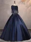Vintage / Originale Bleu Marine Perlage Paillettes Robe De Bal 2025 Robe Boule De l'épaule 1/2 Manches Dos Nu Longue Robe De Ceremonie