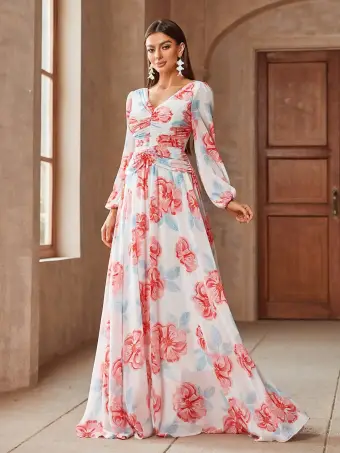 Chic Belle Blanche Impression Robe De Bal 2025 Princesse Chiffon V Cou Manches Longues Dos Nu Longue Promo Robe De Ceremonie