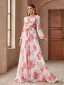 Chic / Beautiful White Printing Prom Dresses 2025 A-Line / Princess Chiffon V-Neck Long Sleeve Backless Floor-Length / Long Prom Formal Dresses