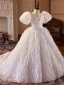 Chic / Beautiful White Pearl Tassel Birthday Flower Girl Dresses 2024 Ball Gown V-Neck Puffy Short Sleeve Backless Floor-Length / Long